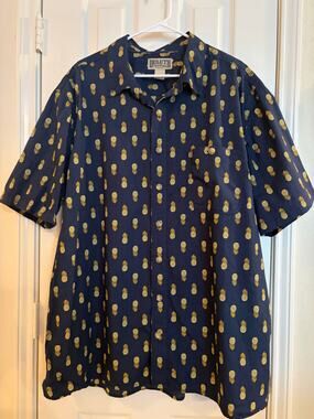 Duluth Trading Men’s 2XL Tall Pineapple Shirt Navy Short Sleeve Button Down